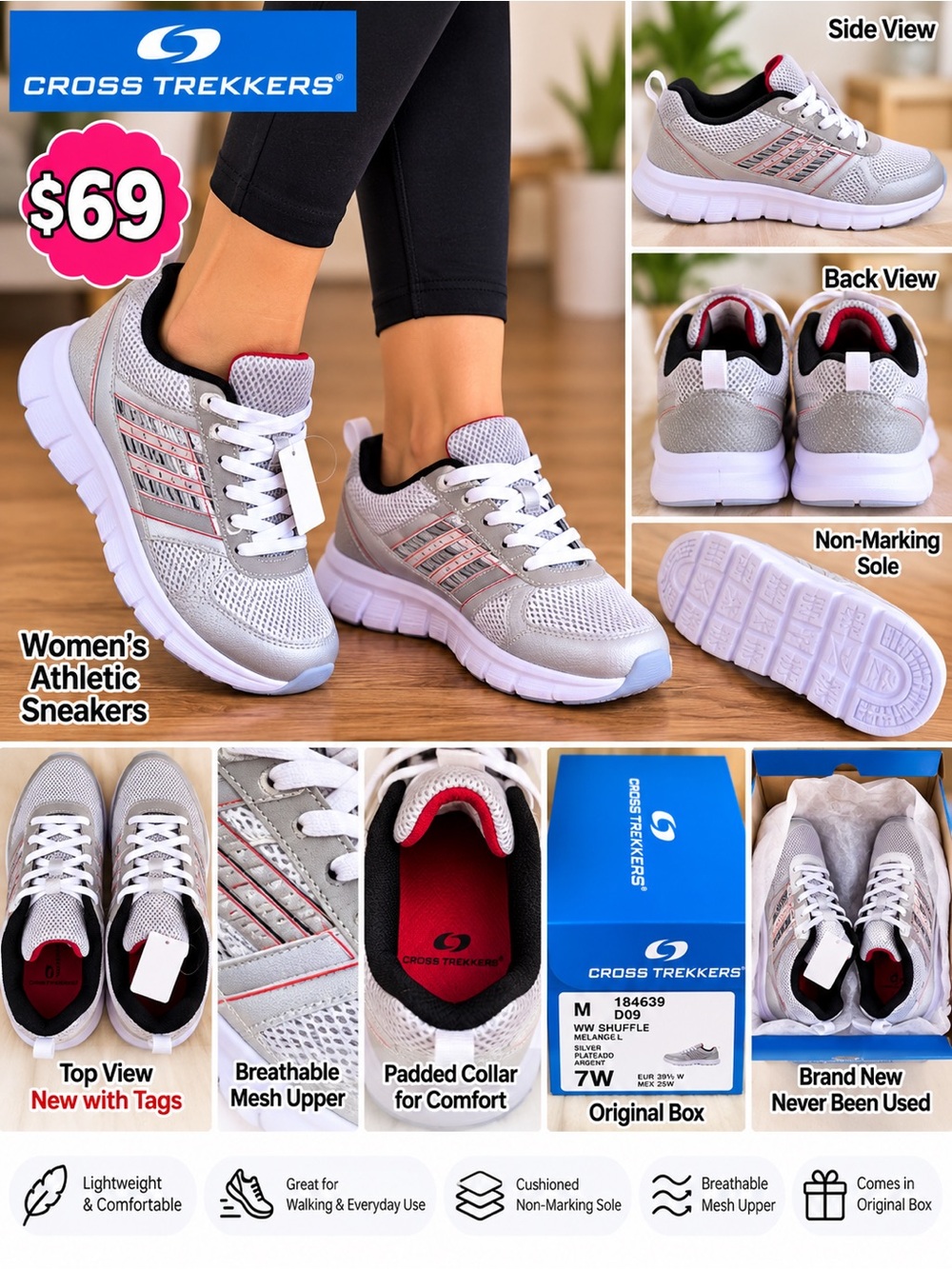 Cross Trekkers women size 7W Athletic Sneakers silver gray in original box